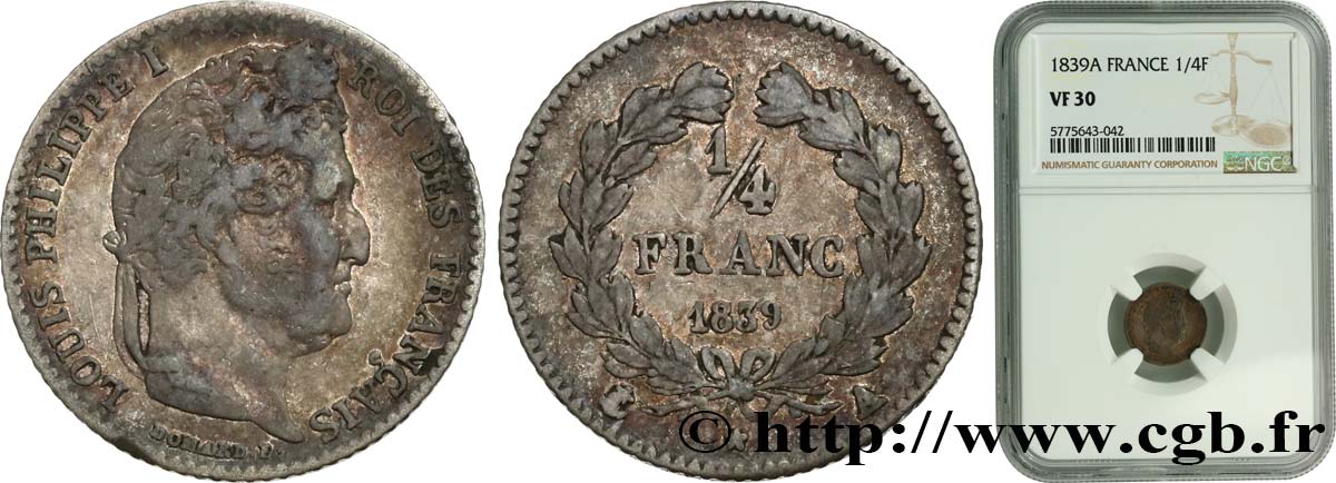 1/4 franc Louis-Philippe 1839 Paris F.166/74 S30 NGC