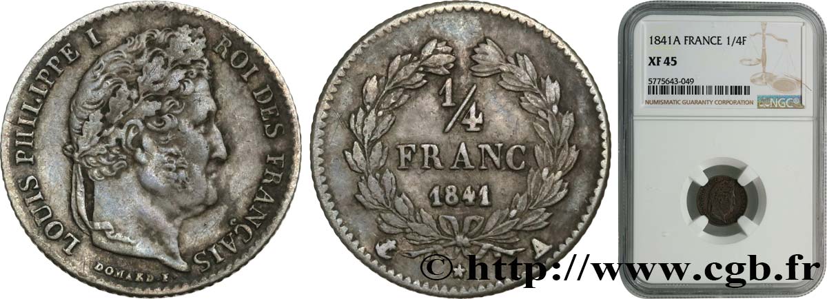 1/4 franc Louis-Philippe 1841 Paris F.166/85 XF45 NGC