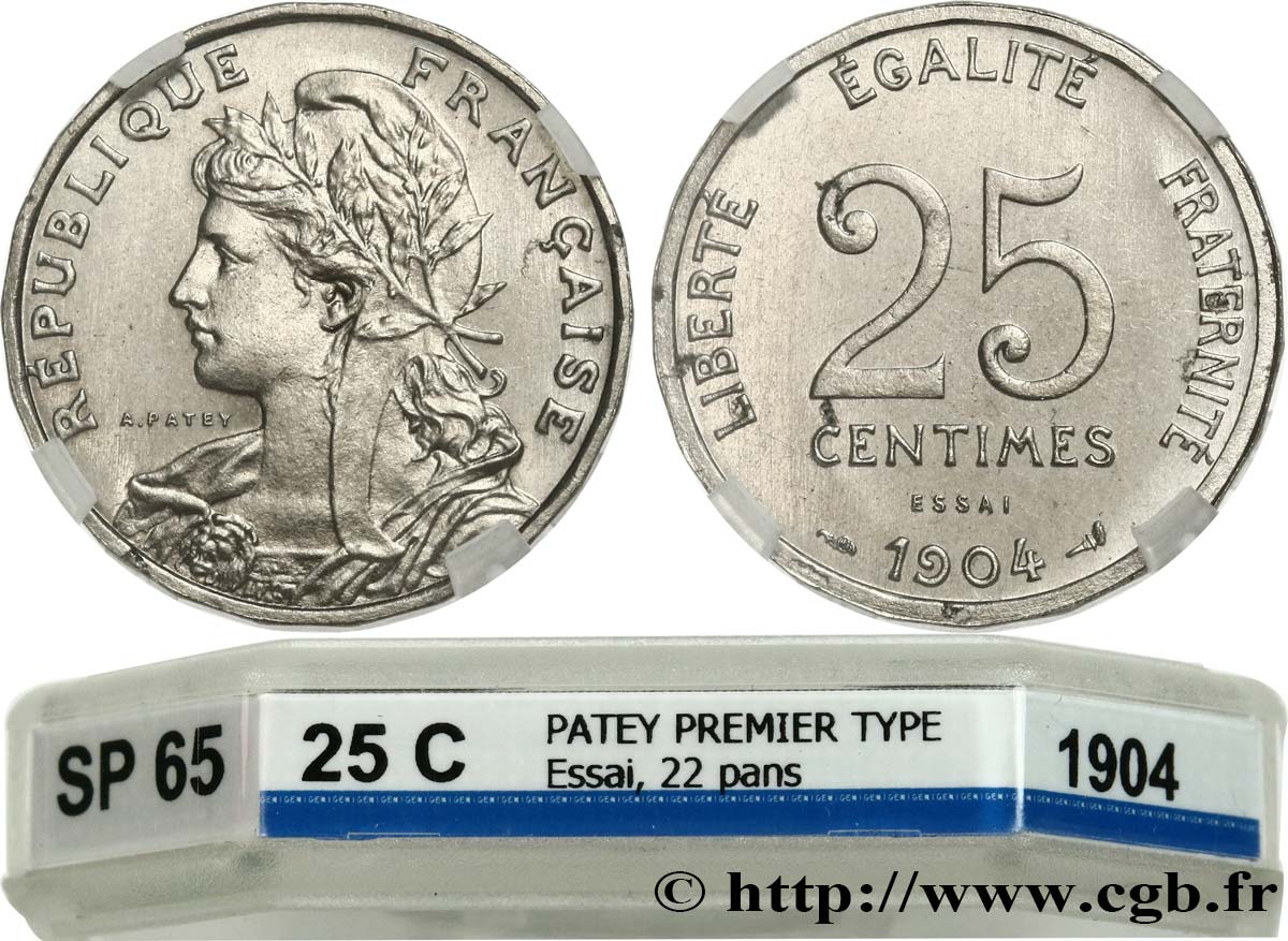 Essai de 25 centimes Patey, 1er type, tranche à 22 pans 1904 Paris GEM.61 2 FDC65 GENI