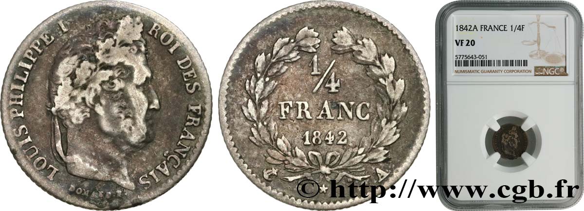 1/4 franc Louis-Philippe 1842 Paris F.166/89 S20 NGC