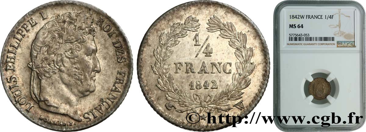 1/4 franc Louis-Philippe 1842 Lille F.166/92 SPL64 NGC