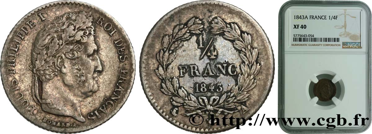 1/4 franc Louis-Philippe 1843 Paris F.166/93 XF40 NGC