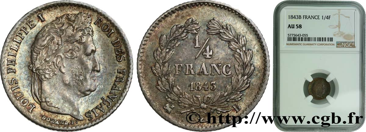 1/4 franc Louis-Philippe 1843 Rouen F.166/94 EBC58 NGC