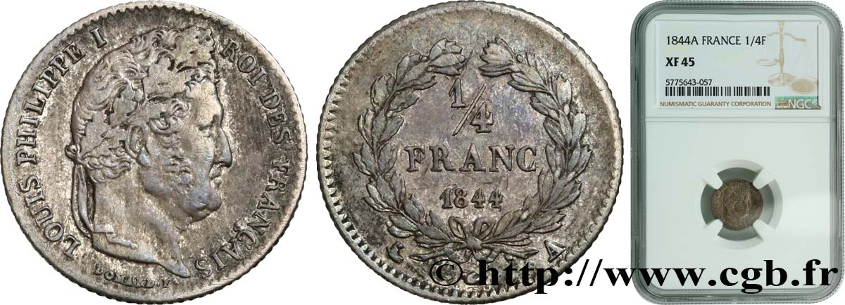 1/4 franc Louis-Philippe 1844 Paris F.166/97 XF45 NGC
