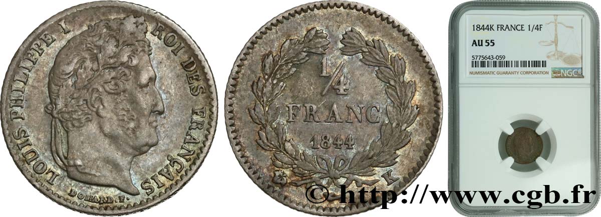 1/4 franc Louis-Philippe 1844 Bordeaux F.166/100 SUP55 NGC