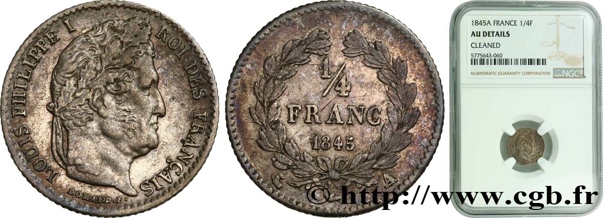 1/4 franc Louis-Philippe 1845 Paris F.166/102 MBC+ NGC