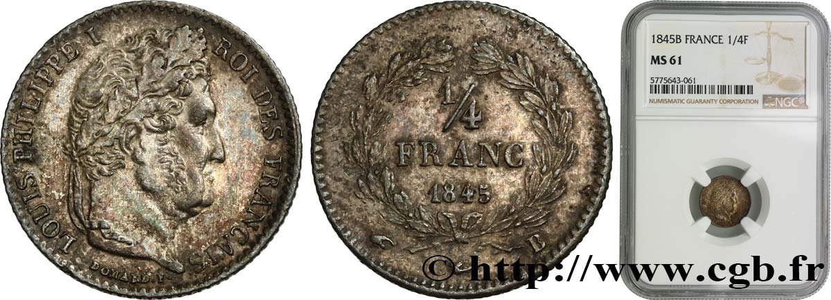 1/4 franc Louis-Philippe 1845 Rouen F.166/103 EBC61 NGC