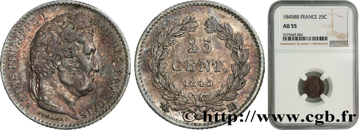 25 centimes Louis-Philippe 1845 Strasbourg F.167/2 EBC55 NGC