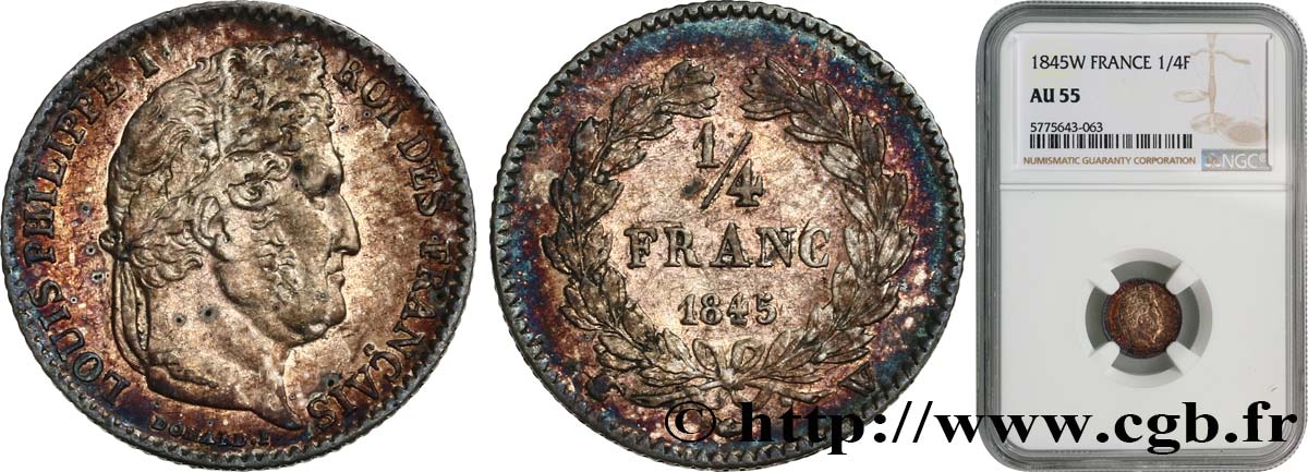 1/4 franc Louis-Philippe 1845 Lille F.166/104 AU55 NGC