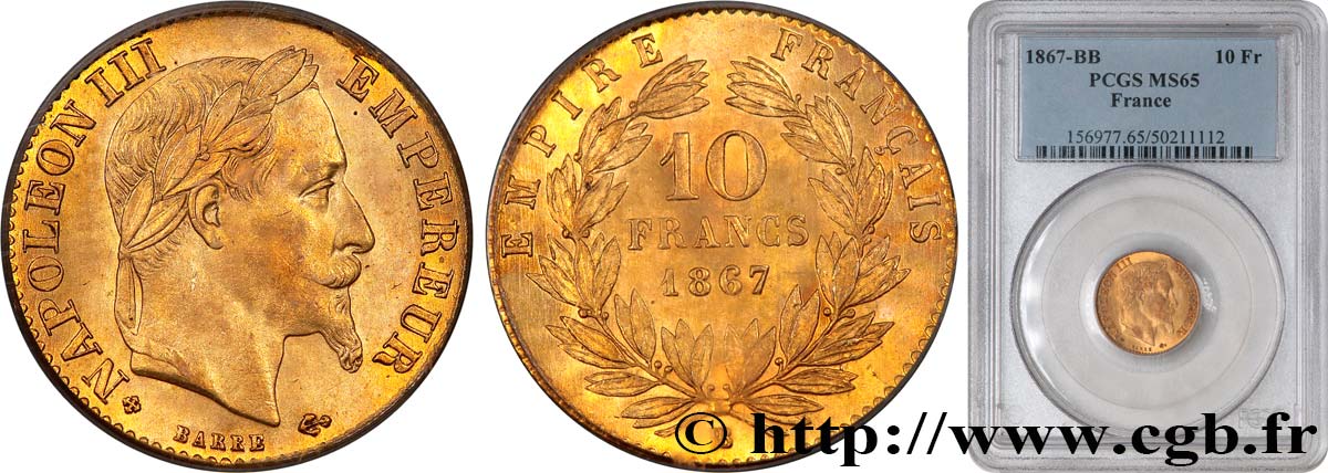 10 francs or Napoléon III, tête laurée 1867 Strasbourg F.507A/16 FDC65 PCGS