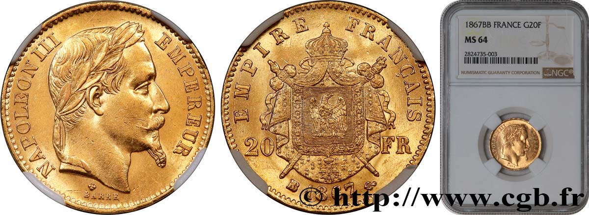 20 francs or Napoléon III, tête laurée, grand BB 1867 Strasbourg F.532/17 SC64 NGC
