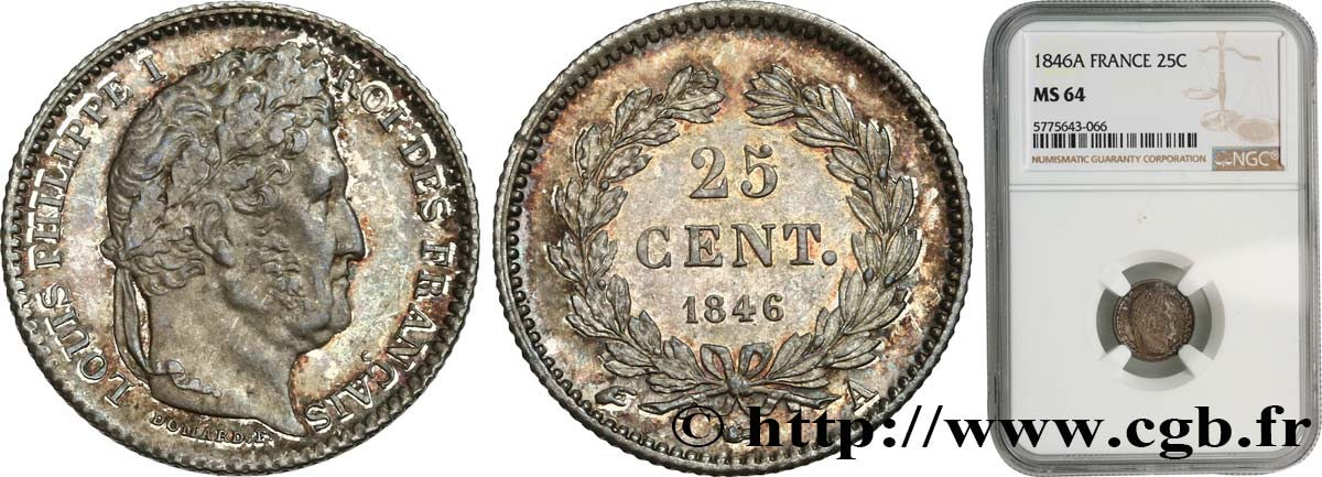 25 centimes Louis-Philippe 1846 Paris F.167/5 MS64 NGC