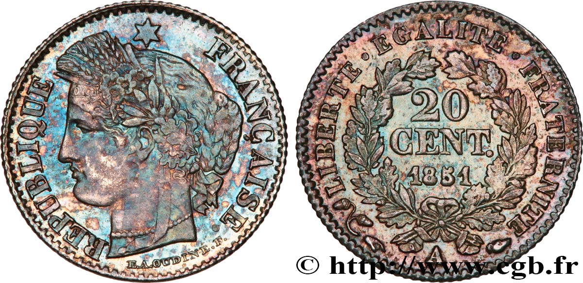 20 centimes Cérès, IIe République 1851 Paris F.146/7 MS62 