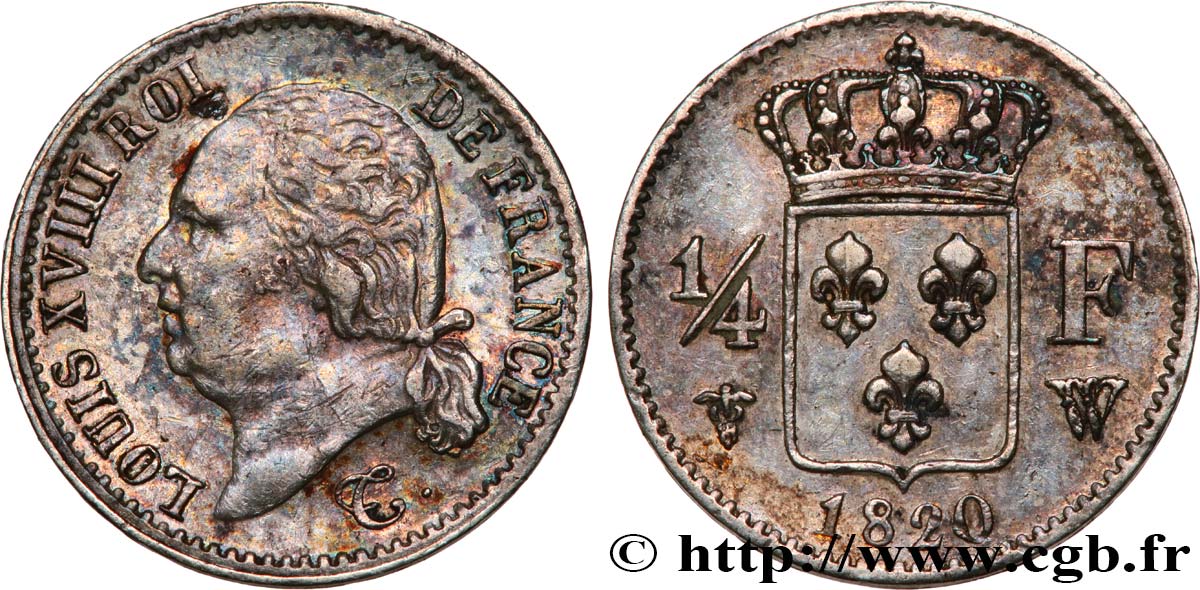 1/4 franc Louis XVIII 1820 Lille F.163/19 XF 
