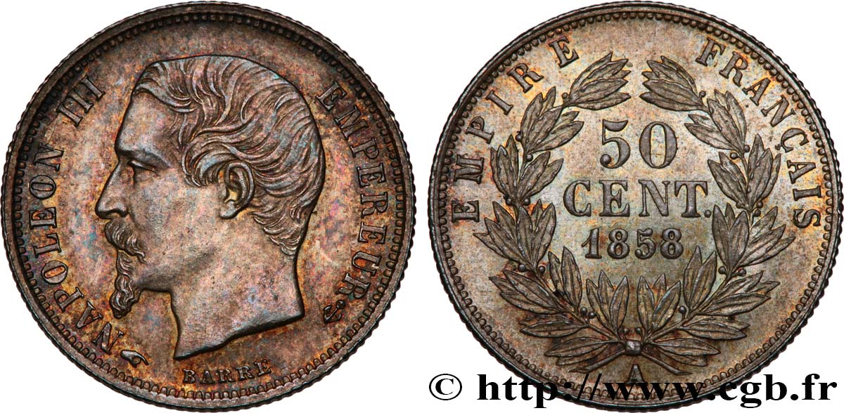 50 centimes Napoléon III, tête nue 1858 Paris F.187/9 SPL63 