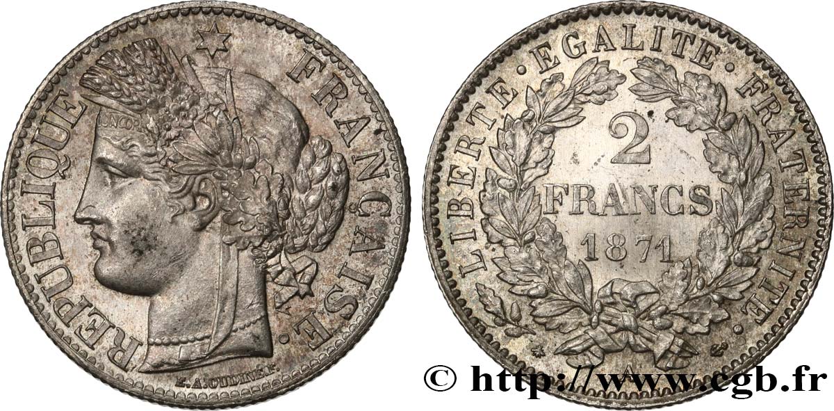 2 francs Cérès, avec légende 1871 Paris F.265/3 MS62 