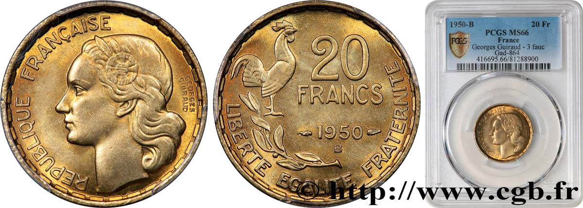 20 francs Georges Guiraud, 3 faucilles 1950 Beaumont-Le-Roger F.401/2 ST66 PCGS