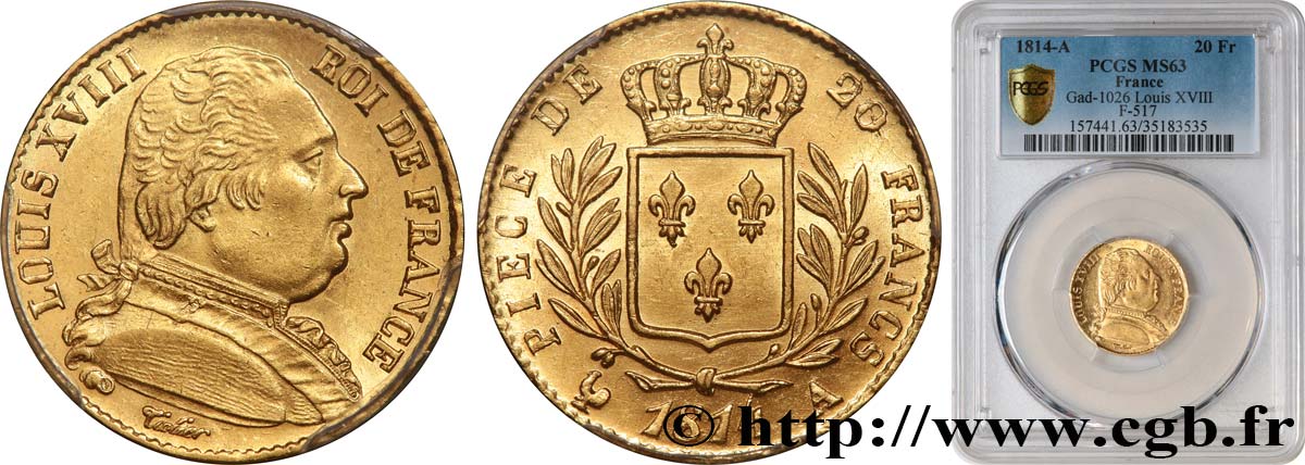 20 francs or Louis XVIII, buste habillé 1814 Paris F.517/1 fST63 PCGS