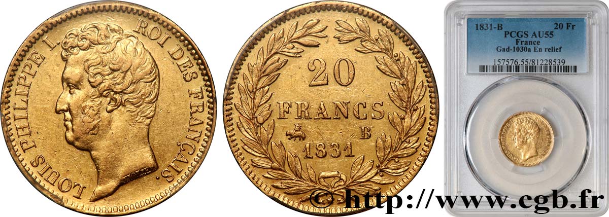 20 francs or Louis-Philippe, Tiolier, tranche inscrite en relief 1831 Rouen F.525/3 AU55 PCGS