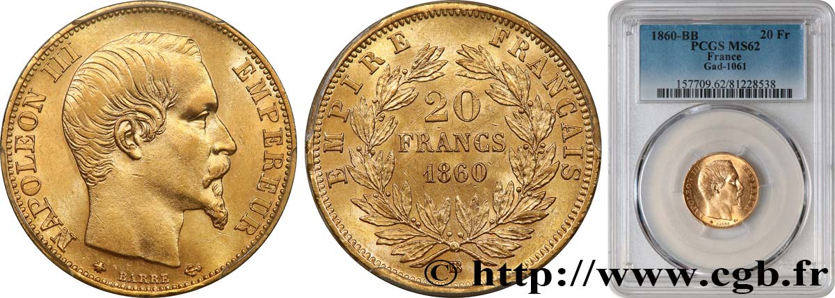 20 francs or Napoléon III, tête nue 1860 Strasbourg F.531/20 VZ62 PCGS