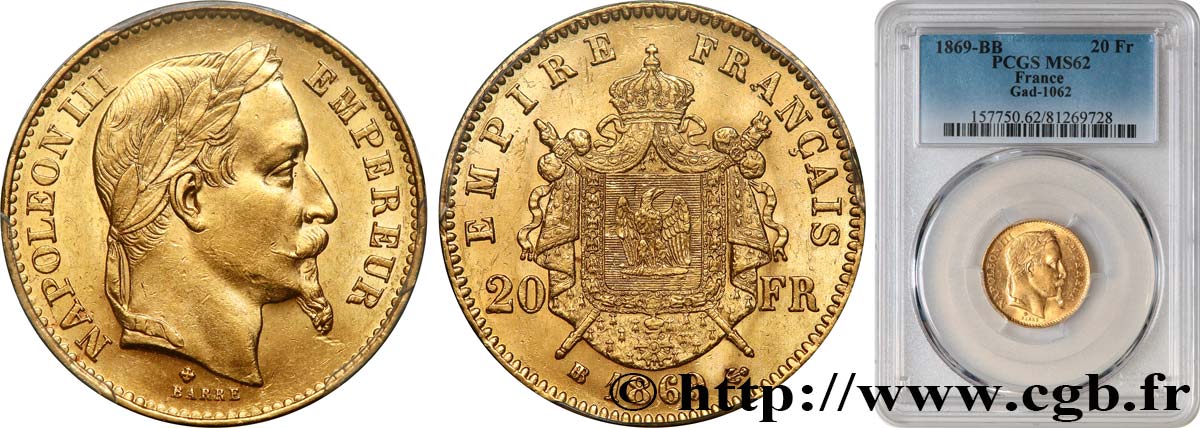 20 francs or Napoléon III, tête laurée, petit BB 1869 Strasbourg F.532/21 EBC62 PCGS