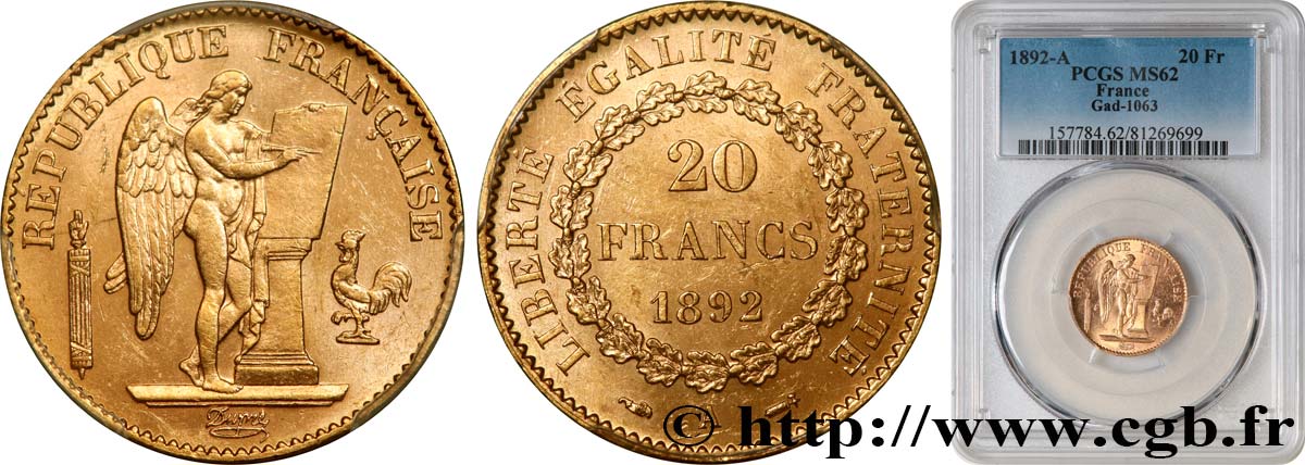 20 francs or Génie, Troisième République 1892 Paris F.533/16 SPL62 PCGS