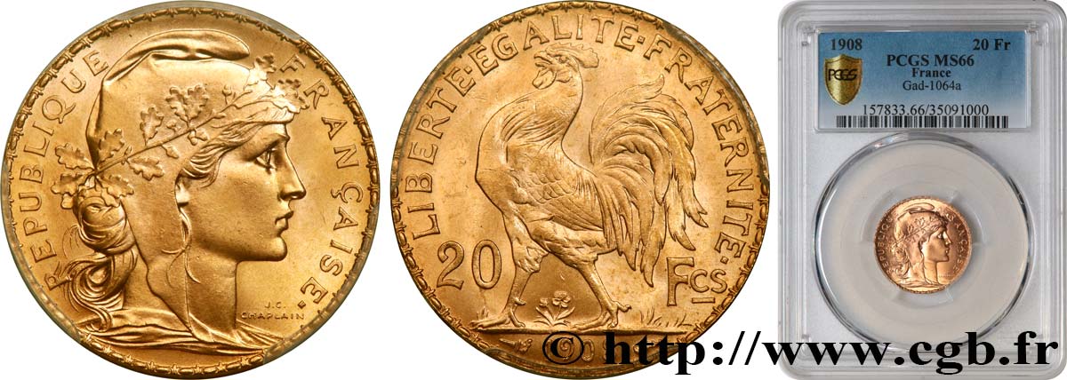 20 francs or Coq, Liberté Égalité Fraternité 1908 Paris F.535/2 MS66 PCGS
