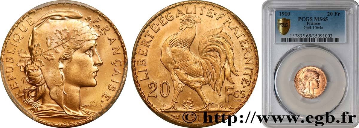 20 francs or Coq, Liberté Égalité Fraternité 1910 Paris F.535/4 MS65 PCGS