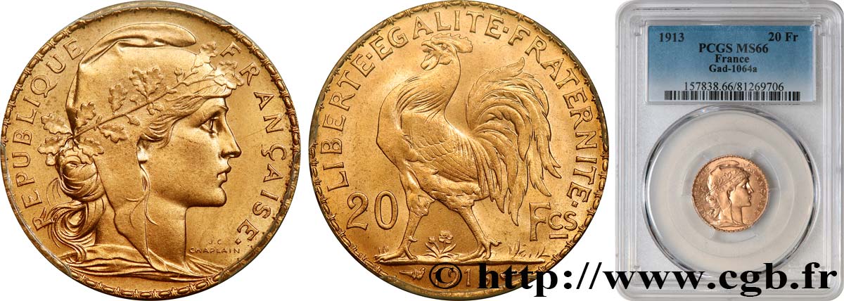 20 francs or Coq, Liberté Égalité Fraternité 1913 Paris F.535/7 MS66 PCGS