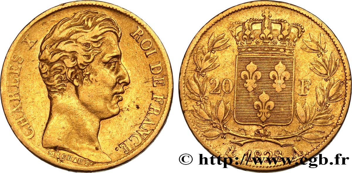 20 francs or Charles X, matrice du revers à cinq feuilles 1828 Paris F.521/2 VF30 