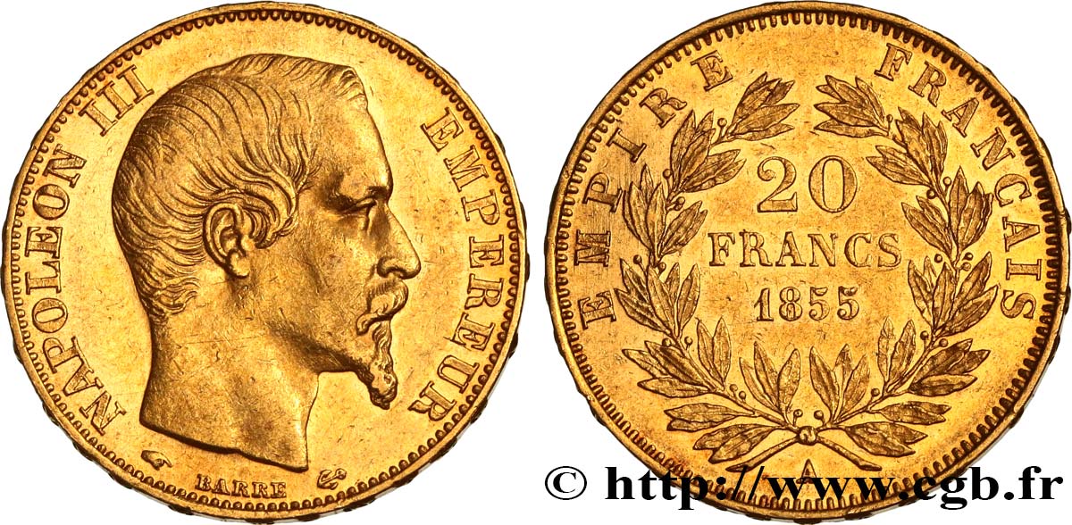 20 francs or Napoléon III, tête nue 1855 Paris F.531/4 SUP55 