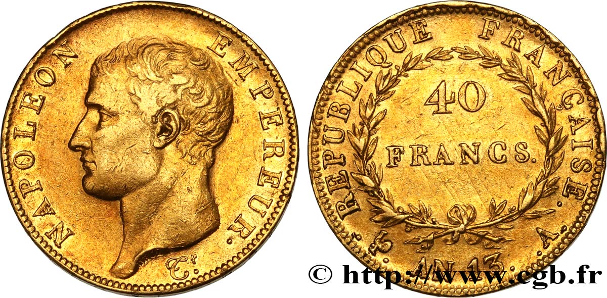 40 francs or Napoléon tête nue, Calendrier révolutionnaire 1805 Paris F.537/1 MBC 