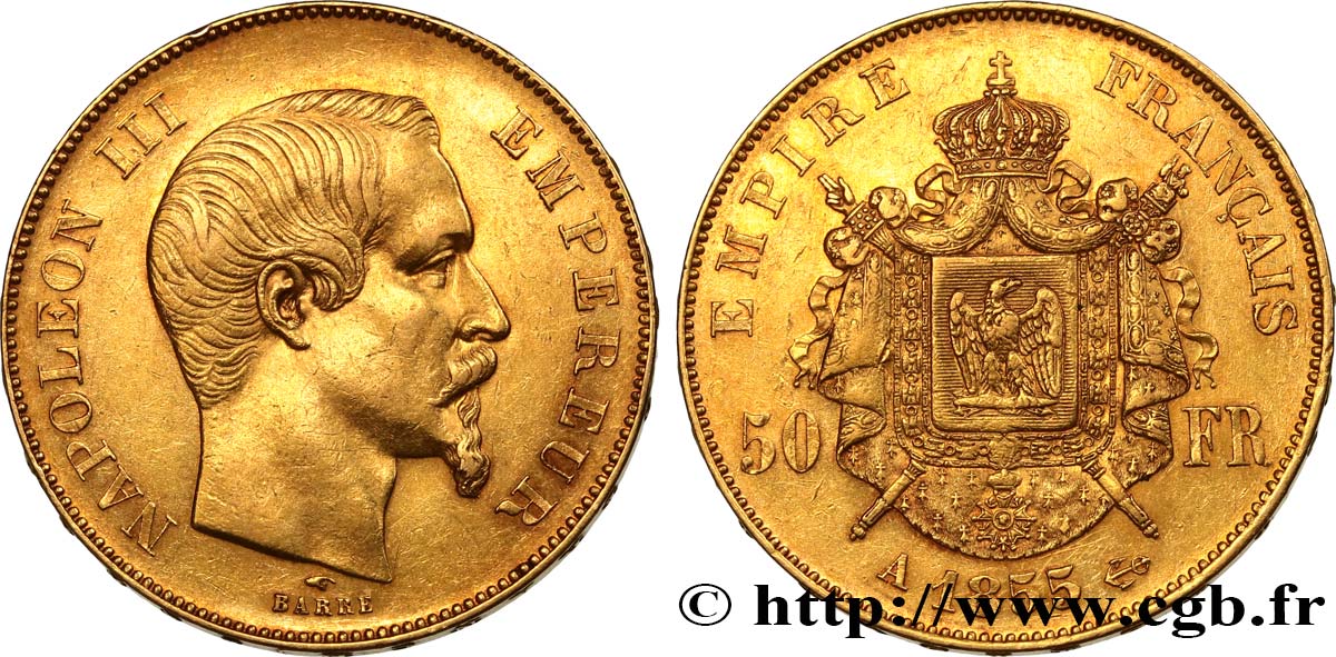50 francs or Napoléon III, tête nue 1855 Paris F.547/1 XF 