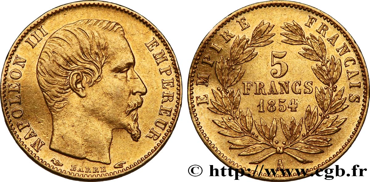 5 francs or Napoléon III, tête nue, petit module, tranche lisse 1854 Paris F.500/1 TTB+ 