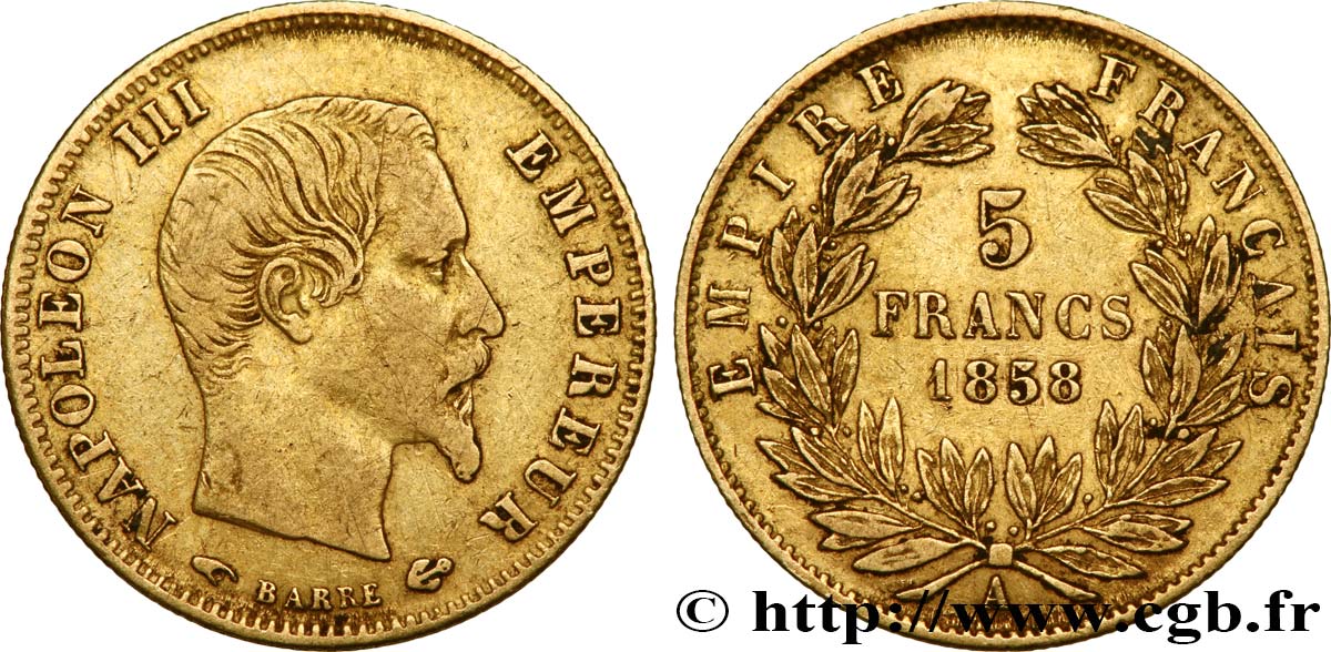 5 francs or Napoléon III, tête nue, grand module 1858 Paris F.501/5 S35 
