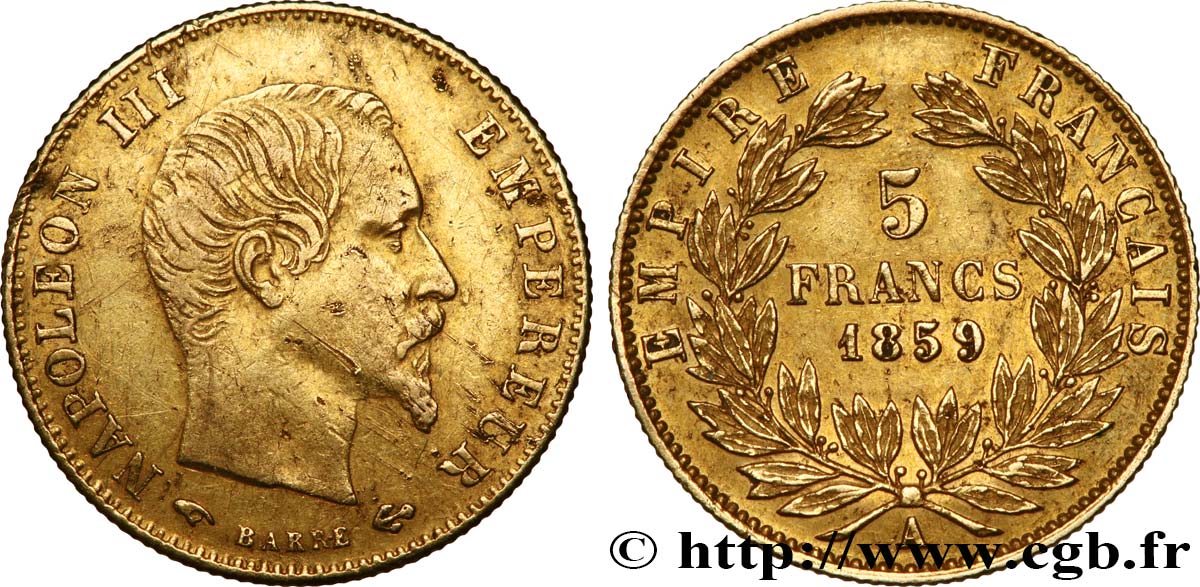 5 francs or Napoléon III, tête nue, grand module 1859 Paris F.501/7 TB+ 