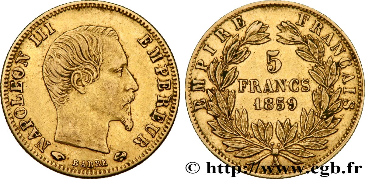5 francs or Napoléon III, tête nue, grand module 1859 Paris F.501/7 XF 