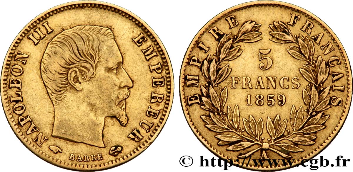 5 francs or Napoléon III, tête nue, grand module 1859 Paris F.501/7 SS 