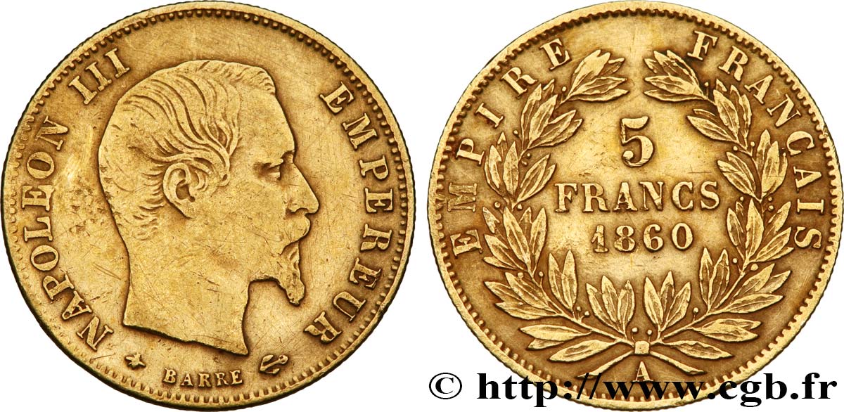 5 francs or Napoléon III, tête nue, grand module 1860 Paris F.501/11 TB 