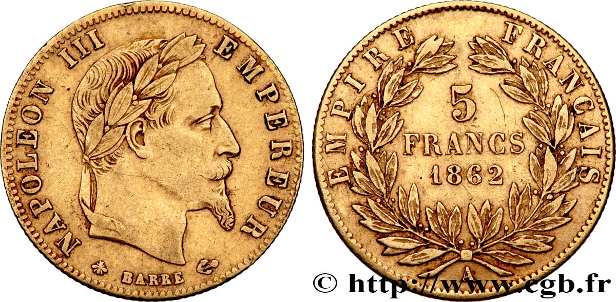 5 francs or Napoléon III, tête laurée 1862 Paris F.502/1 BC+ 