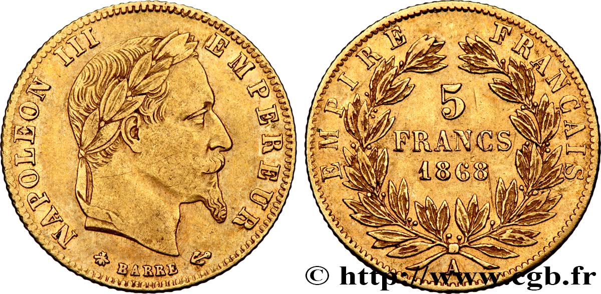 5 francs or Napoléon III, tête laurée 1868 Paris F.502/13 BB40 