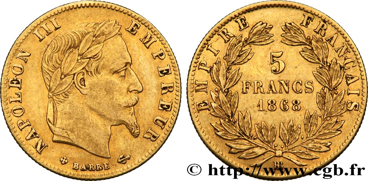 5 francs or Napoléon III, tête laurée 1868 Strasbourg F.502/14 MBC45 