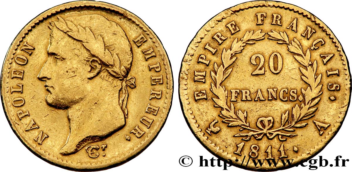 20 francs or Napoléon, tête laurée, Empire français 1811 Paris F.516/16 TB+ 