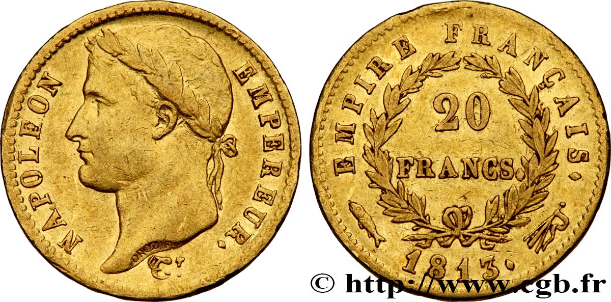 20 francs or Napoléon tête laurée, Empire français 1813 Utrecht F.516/37 BB40 