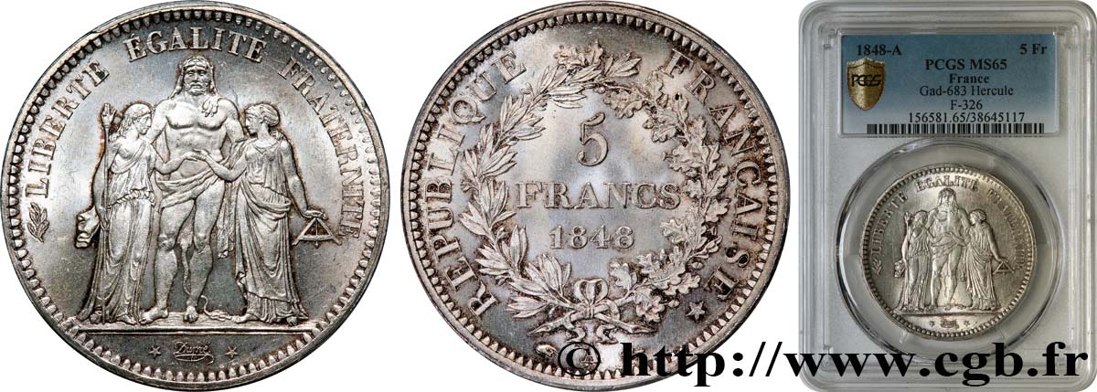 5 francs Hercule, IIe République 1848 Paris F.326/1 MS65 PCGS
