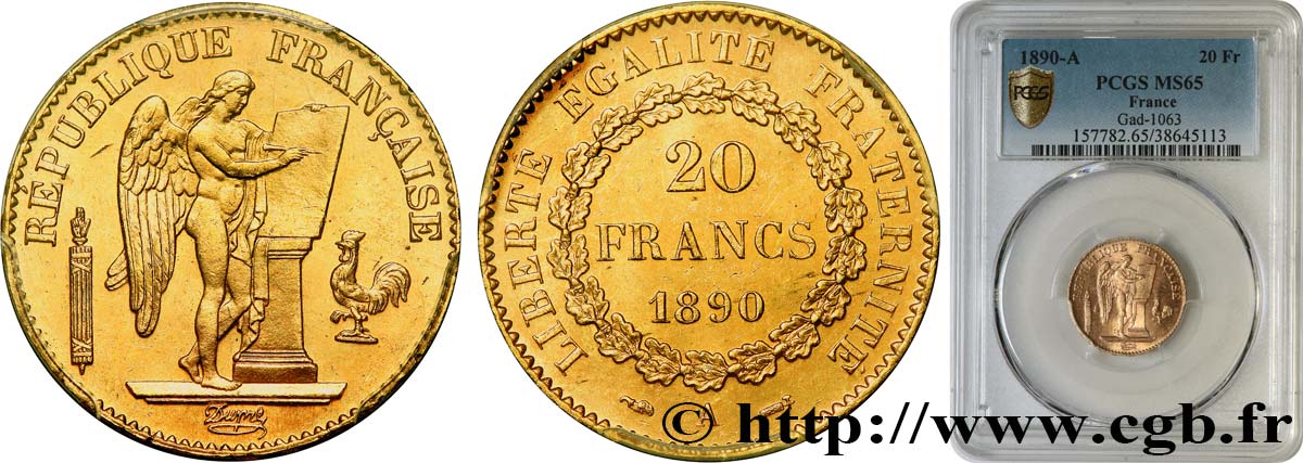 20 francs or Génie, Troisième République 1890 Paris F.533/14 FDC65 PCGS