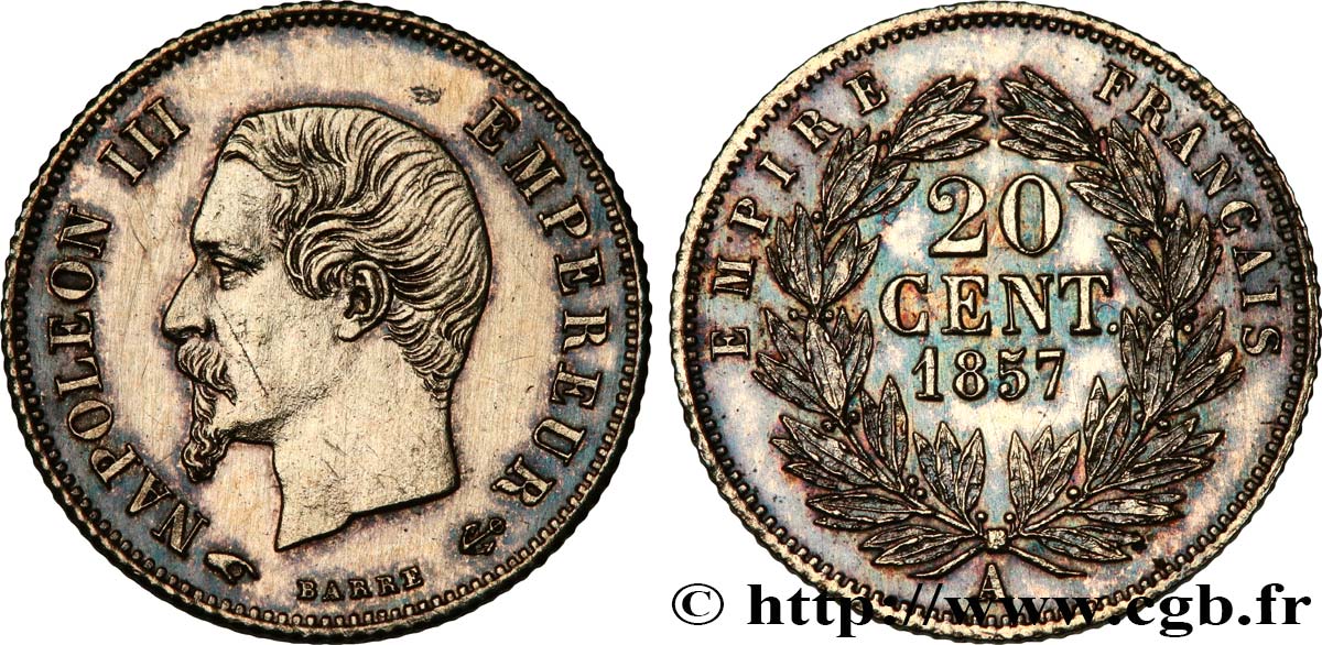 20 centimes Napoléon III, tête nue, Grands Différents 1857 Paris F.148/9 AU 