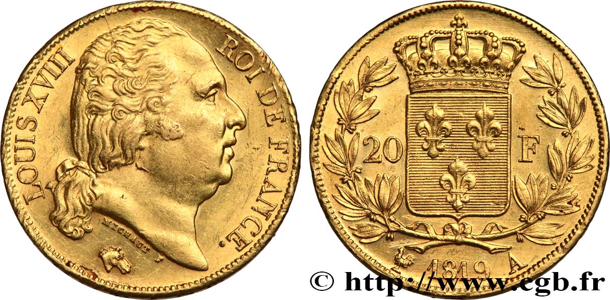 20 francs or Louis XVIII, tête nue 1819 Paris F.519/15 EBC61 
