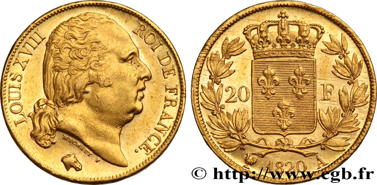 20 francs or Louis XVIII, tête nue 1820 Paris F.519/19 VZ58 