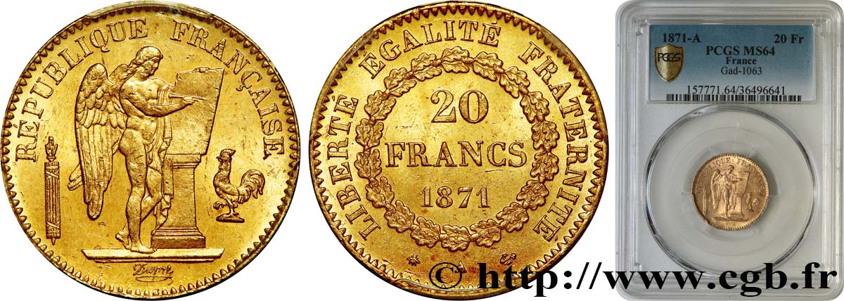 20 francs or Génie, IIIe République 1871 Paris F.533/1 fST64 PCGS